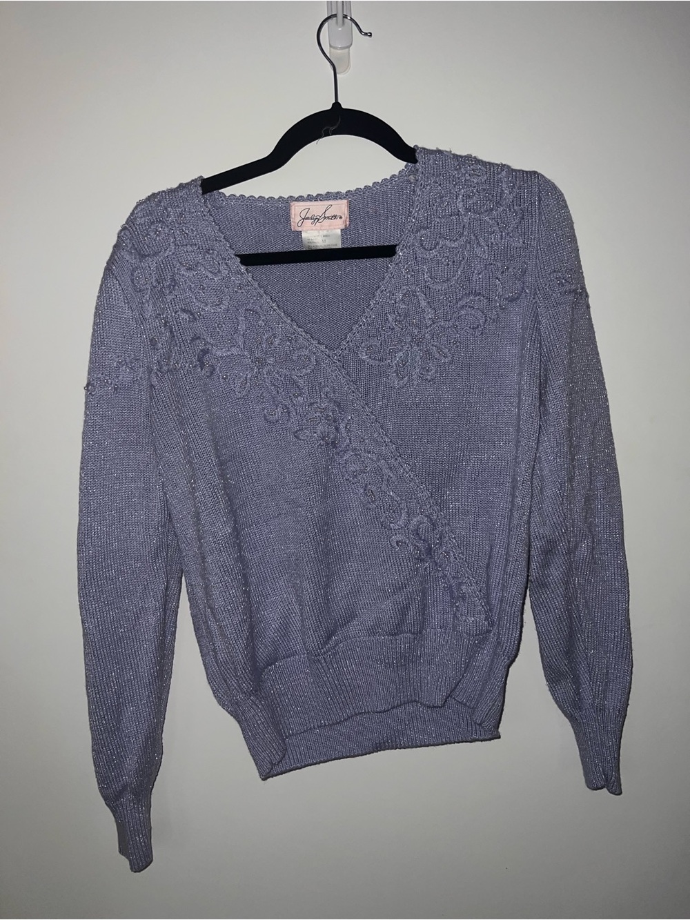 Blue Floral-Embellished V-Neck Sweater
